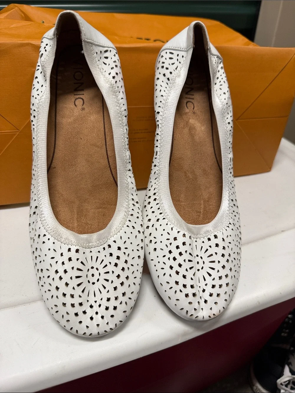 Vionic White Laser-Cut Leather Ballet Flats